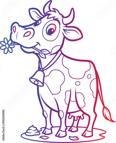 Cute cartoon cow with a flower in its mouth and a bell around its neck