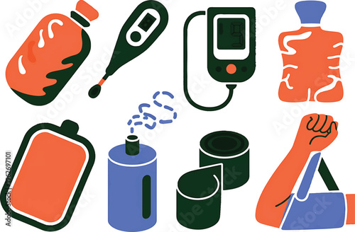 Various medical supplies including a digital thermometer, blood pressure monitor, bandages, and an arm sling are depicted in a flat graphic style.