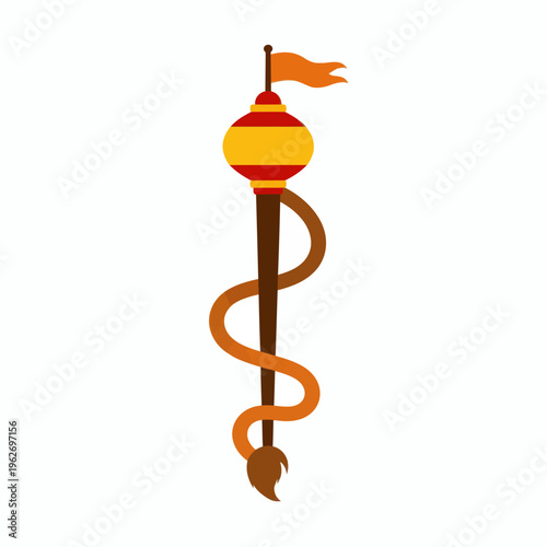 Ornamental brown staff with orange flag and snake-like detail