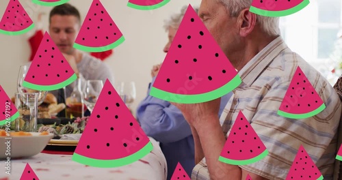 Multiple watermelon slice icons against black background