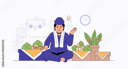 Man in traditional blue attire sitting with raised hands.