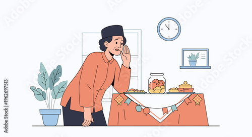 Man leaning on table with cake in dining room.