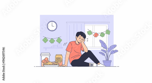 Man meditating indoors on floor with plant.