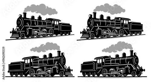 Professional collection of vintage steam locomotive silhouettes with smoke clouds isolated on white background for classic transportation and railway heritage concepts.