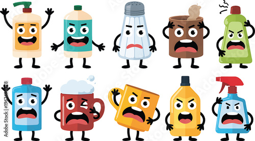 Group of ten angry and distressed cleaning supply and seasoning bottles displaying aggressive facial expressions and wide open mouths against white.