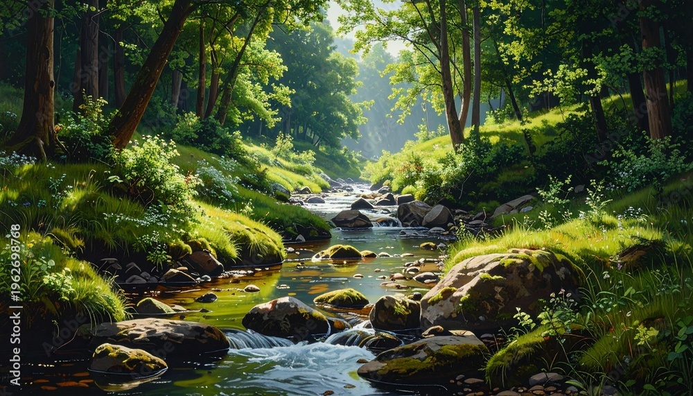 Obraz premium Sunlit forest stream with mossy rocks and lush greenery in tranquil nature scene