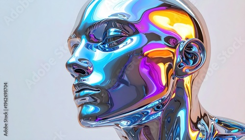 A polished chrome head reflects vibrant colors, showcasing the human form in a futuristic style