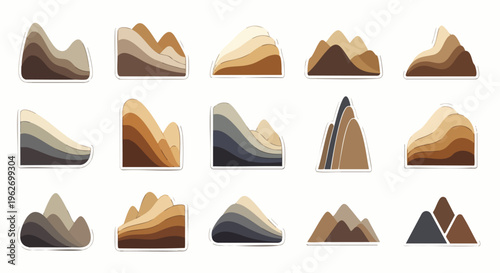Abstract layered mountain and hill vector set in earthy tones, minimalist landscape graphic elements, modern geometric nature shapes for design projects.