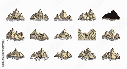 Diverse hand-drawn mountain range and hill illustrations in an engraved vintage style, ideal for outdoor adventure and nature-inspired designs.