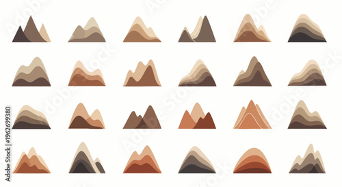 Set of stylized mountain range illustrations with layered peaks in warm earth tones, graphic design elements