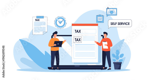 Two people standing beside a large laptop displaying a tax form with speech bubbles on a white background with blue shapes.