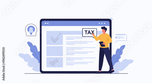 Illustration of a man pointing at a large computer screen displaying a tax form with a checklist and a magnifying glass on a white background with blue accents.