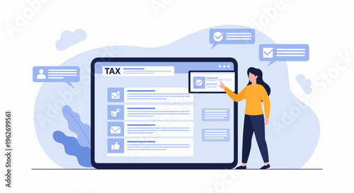 Illustration of a woman pointing at a large computer screen displaying a tax form with various icons and speech bubbles around her on a blue background.
