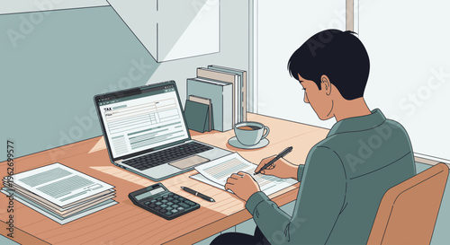 Rear view of a focused young man studying with a laptop and books on a wooden desk in a cozy indoor setting with natural light.