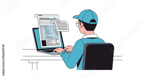 A delivery man in a blue uniform sits at a desk working on a laptop with papers nearby in a simple office setting.