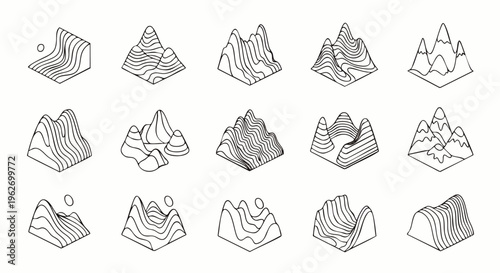 Set of isometric topographic maps showing stylized mountains, hills, and terrain contours in a minimalist line art style