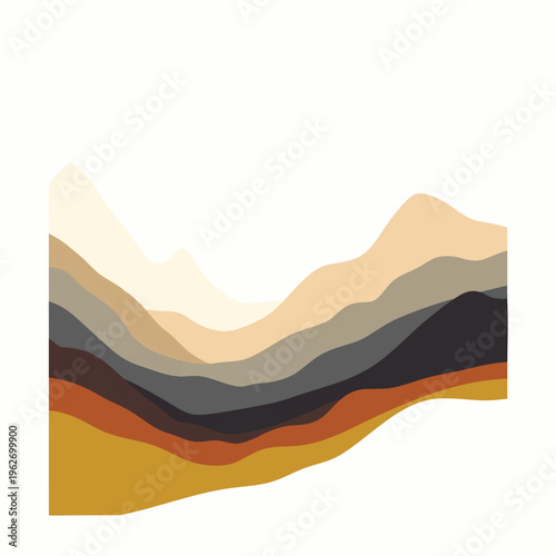 Stylized abstract landscape illustration with layered organic shapes in warm earthy and natural tones, depicting rolling hills or geological strata, ideal for modern design.