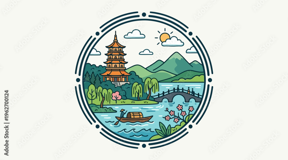 Naklejka premium Scenic Chinese Landscape in a Circle Design