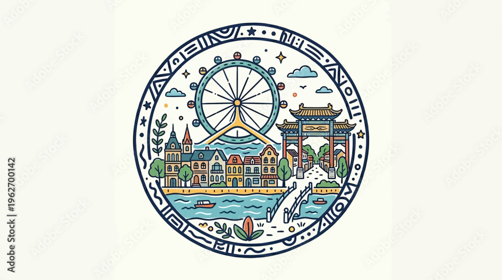 Obraz premium Stylized Cityscape with Ferris Wheel in a Circular Frame