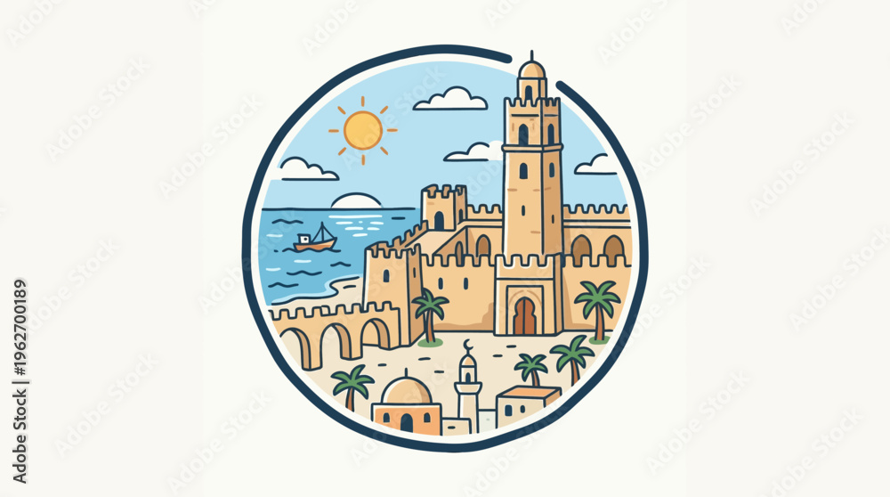 Naklejka premium Coastal Cityscape Cartoon in a Blue Circle
