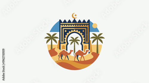 Moroccan Desert Scene with Camels Palm Trees and Archway
