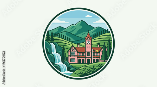 Scenic Landscape with Waterfall Building and Mountains