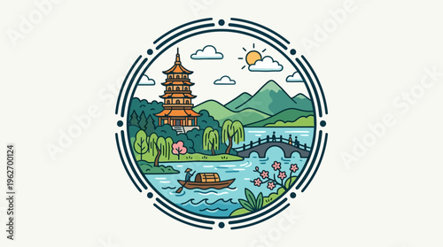 Scenic Chinese Landscape in a Circle Design