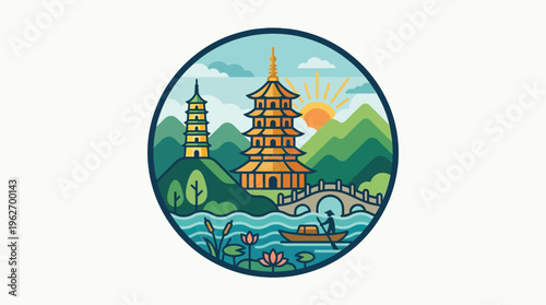 Scenic Asian Landscape with Pagodas and Boat