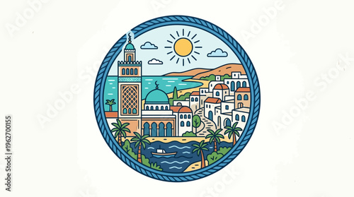 Tunisian Cityscape in a Decorative Circular Frame