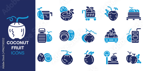 Coconut Fruit icon set. Containing coconut, fresh, fruit, organic, tropical and more. Solid vector icons collection. Vector illustration.