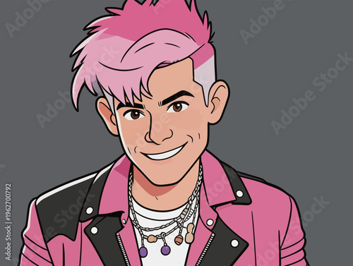 Young man with pink hair wearing a jacket and necklaces is smiling at the camera in a cartoon style