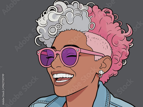 Woman with colorful curly hair and sunglasses smiles in a casual setting, showing happiness and confidence during daytime