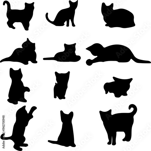 Cat Silhouette Collection Set, Different Breeds and Poses Domestic Animal Icons 