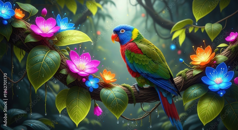 Fototapeta premium A vibrant parrot perched on a branch surrounded by colorful flowers and lush greenery in a serene natural setting.
