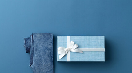 Elegant blue neckties with gift box flat lay for Father's Day and business gift concept、青いネクタイとギフトボックスの高級感あるフラットレイ 父の日やビジネスプレゼントのコンセプト素材