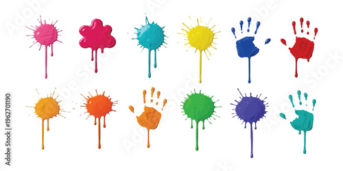 Vibrant handprint and fingerprint art with rainbow colors on white background