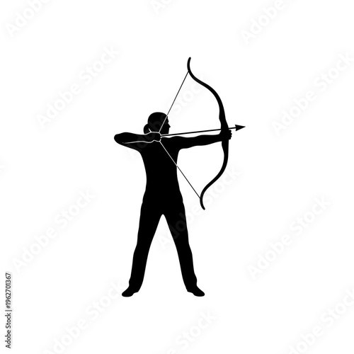 Silhouette of a person practicing archery, aiming a bow and arrow with focus and precision
