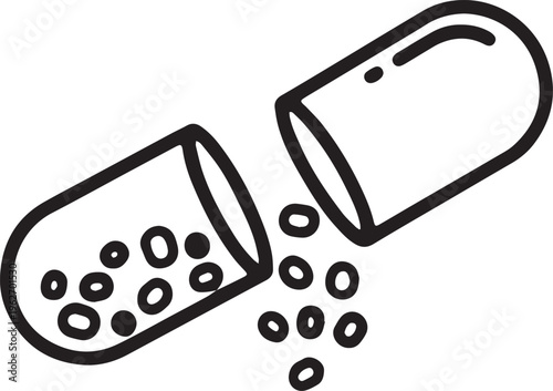 Art & Illustration, Open medical capsule icon with falling vitamin granules. Minimalist black line art for health and pharmacy UI.