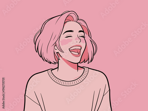 Young woman with short pink hair smiles widely and enjoys the moment in front of a pink background during a cheerful time