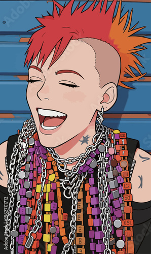 Brightly colored animated character with a mohawk hairstyle enjoying life in an urban setting with chains around the neck