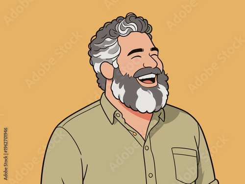 Man with gray beard smiles while wearing a light-colored shirt on a bright yellow background in a joyful moment during daytime