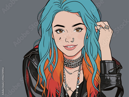 Young woman with colorful hair and piercings poses in a leather jacket against a gray background