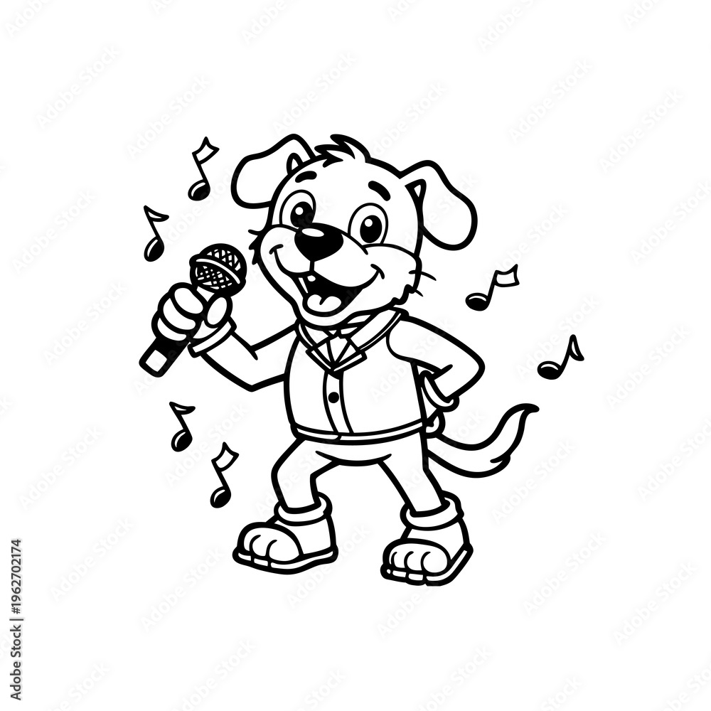 Obraz premium A cartoon dog wearing a vest and boots, happily singing into a microphone with musical notes floating around, black and white line art.