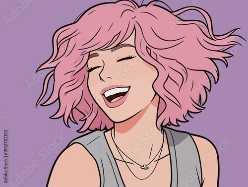 Woman with pink hair laughing against a light purple background during daytime