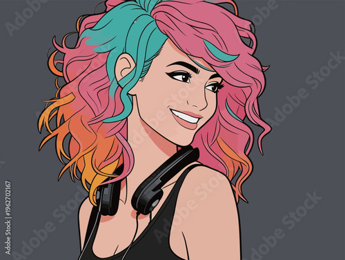 Young woman with colorful hair and headphones smiles while enjoying music in a fun and creative style