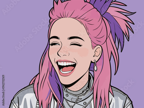 Young woman with pink hair laughs against a purple background during a casual moment of joy and happiness