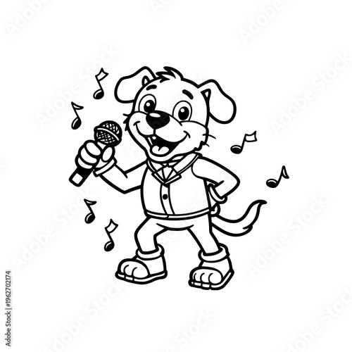 A cartoon dog wearing a vest and boots, happily singing into a microphone with musical notes floating around, black and white line art.