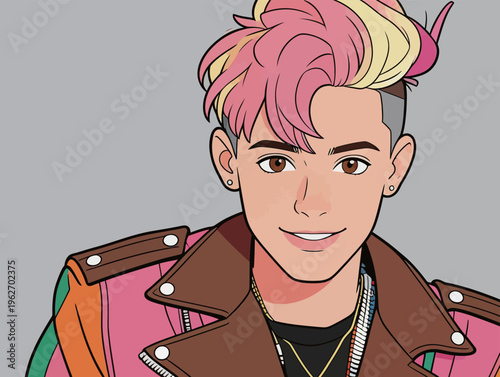 Young person with pink and blonde hair wearing a colorful jacket smiles with a neutral background in an urban style setting
