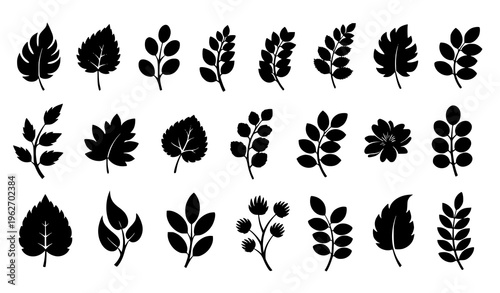 Black Leaf Silhouette Vector Collection with Botanical Foliage, Floral Elements, and Nature Inspired Shapes for Decoration, Pattern Design, Branding, and Eco Friendly Projects