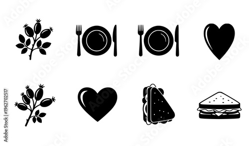 Food and Organic Lifestyle Icon Set with Leaves, Plates, Cutlery, Sandwich, Heart Symbol, and Natural Dining Elements for Restaurant and Healthy Living Design